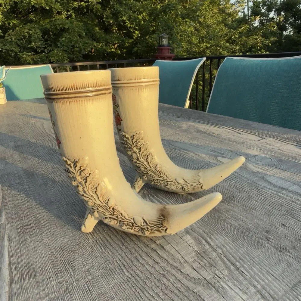 2 Vintage German Drinking Horn Set Fulda & Giessen Heraldic Crest Beer Goblets